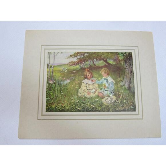 Antique Art Print Boy Sailor Suit & Girl in Meadow Buttercups & Daises Flowers